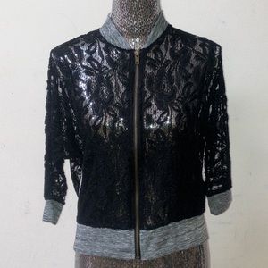 Scrapbook Black Lace 3/4 Sleeve Bomber Jacket Small Zip Up